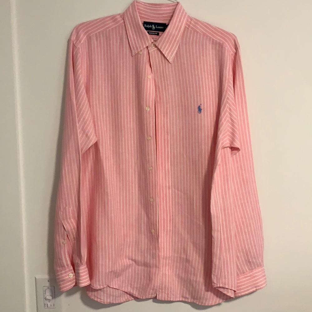 Pink and White Pinstripe Polo Dress Shirt.